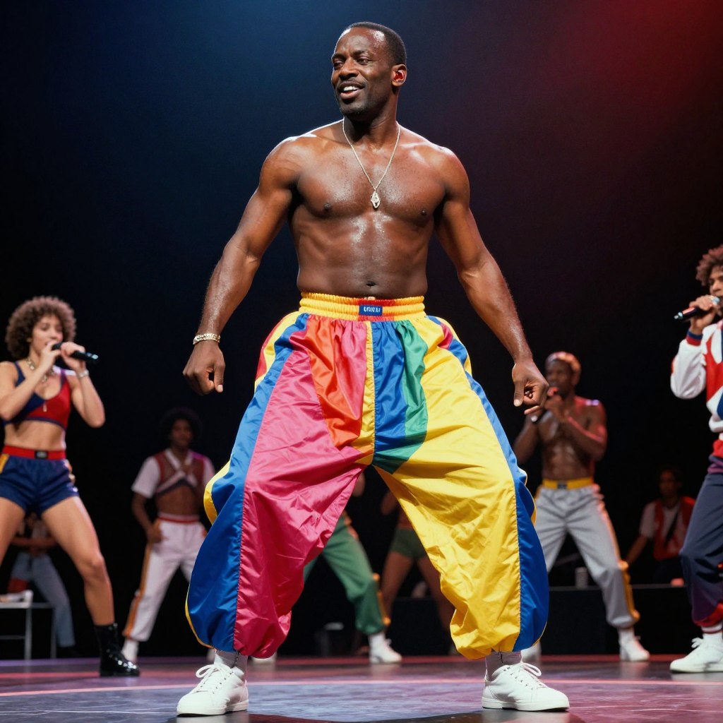 1980s MC Hammer performing in his signature harem pants