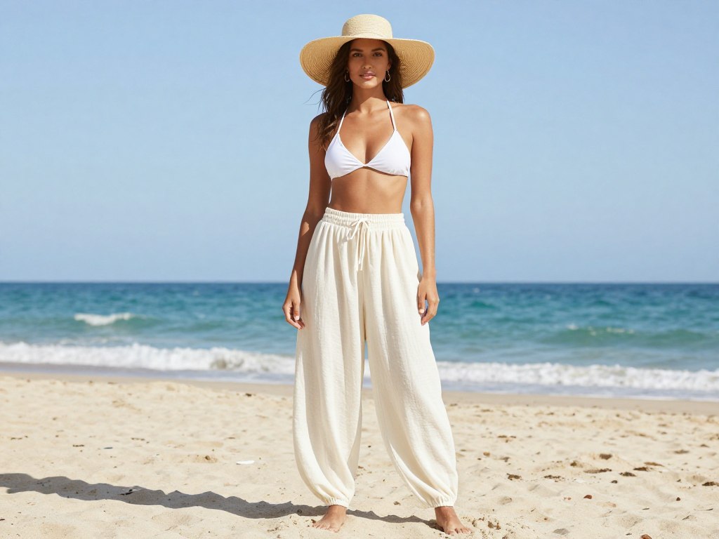 Beach outfit with harem pants paired with bikini top and sun hat