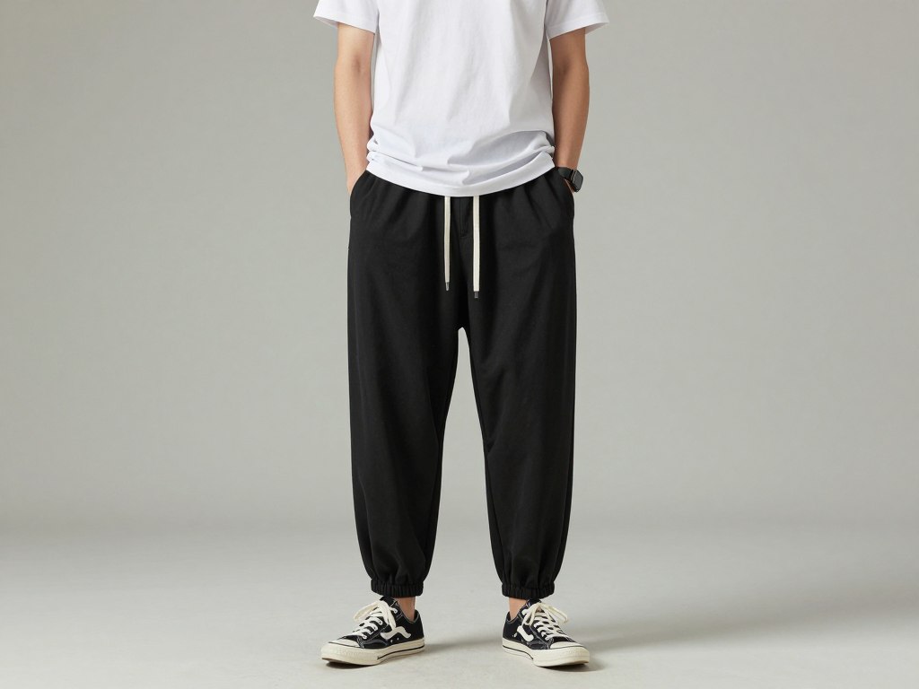 Casual outfit with harem pants paired with fitted t-shirt and sneakers