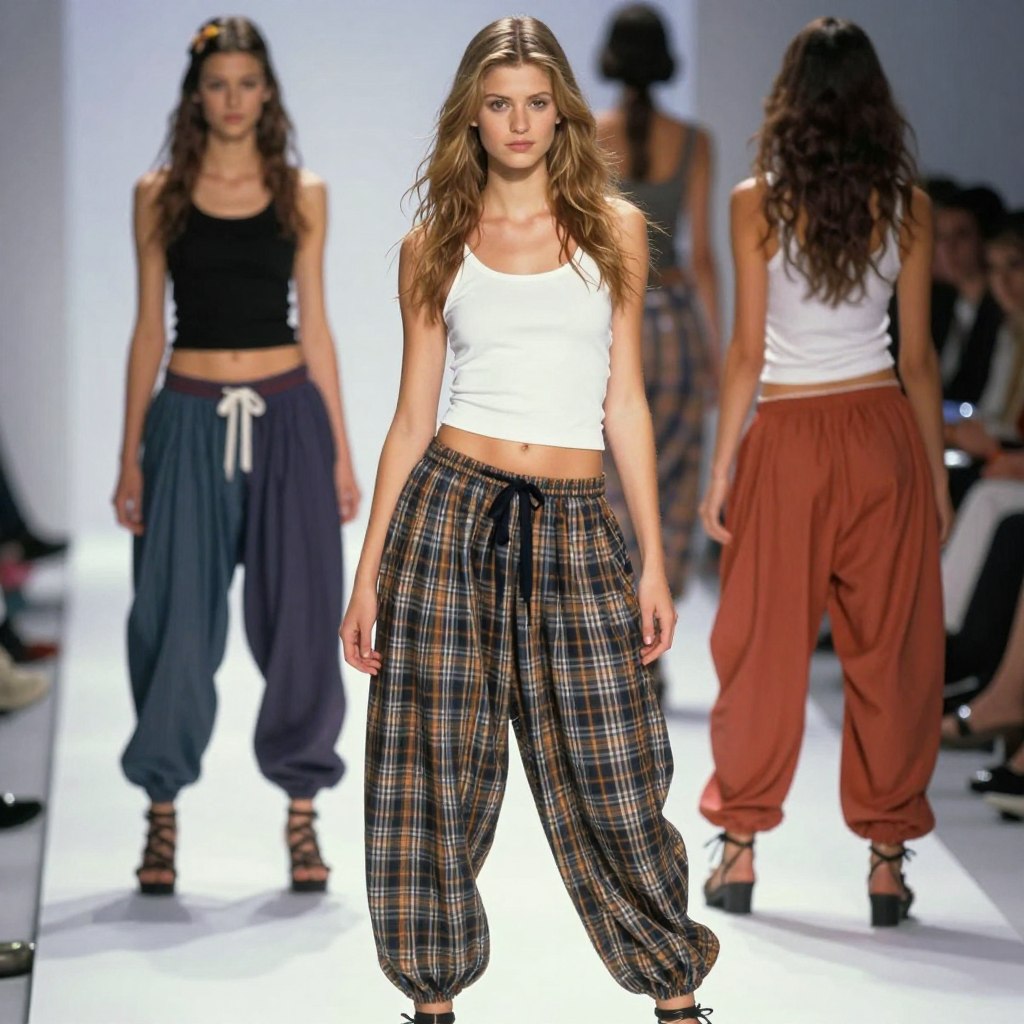 Early 2000s fashion models wearing harem pants on runway