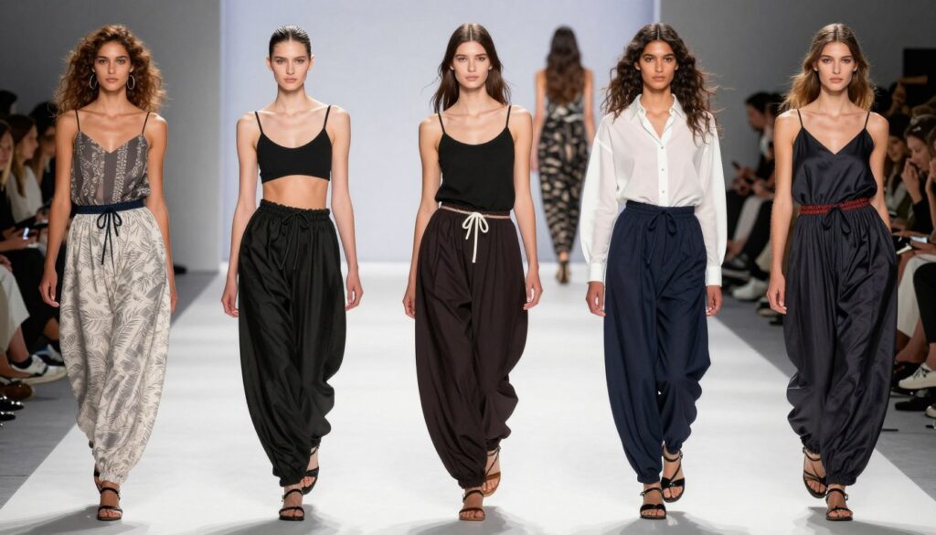 Fashion runway models wearing modern designer harem pants showing contemporary styling