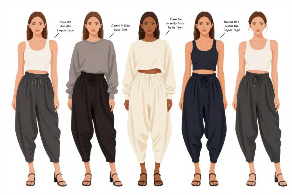 Styling guide showing harem pants on different body types